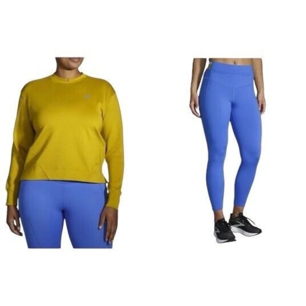 Brooks Run Within Sweatshirt & Tights Set Women's Blue Gold Size XL 221530  NWT